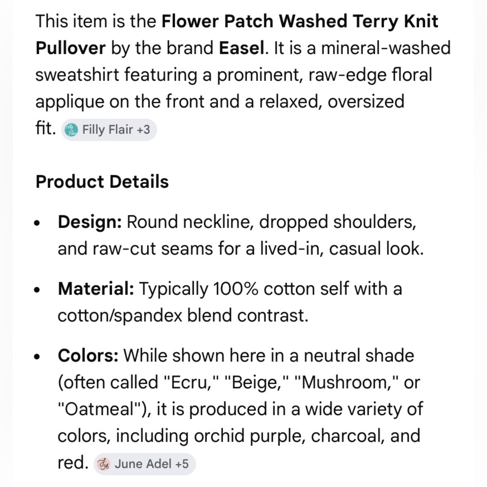 Easel Flower Patch Washed Terry Knit Pullover, ecru cream, size M - Picture 3 of 13